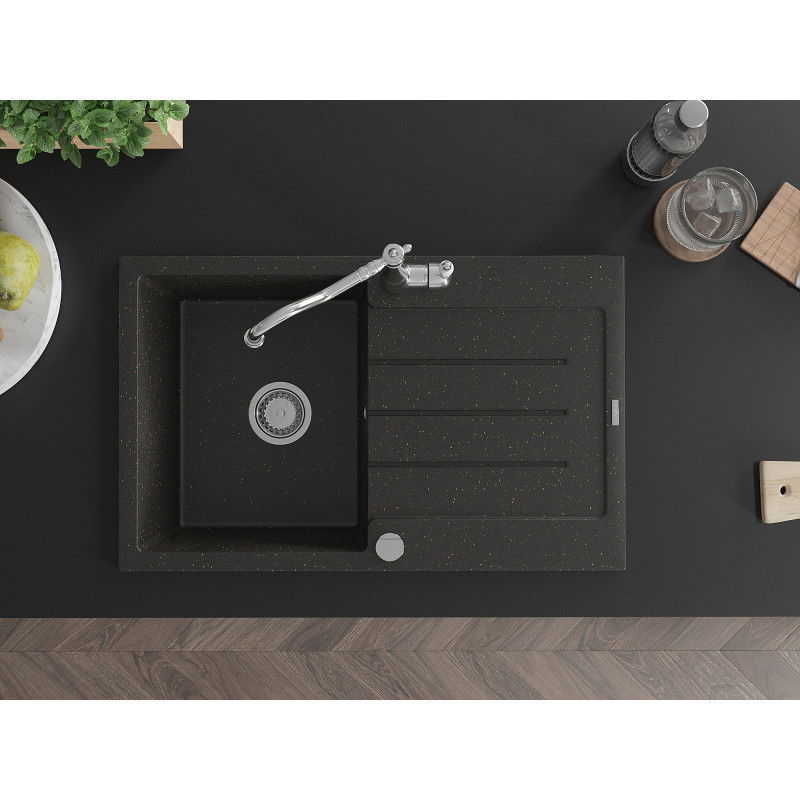 Mexen Bruno 1-bowl granite sink with drainer and Carla kitchen tap, black/gold metallic - 6513-75-670700-00