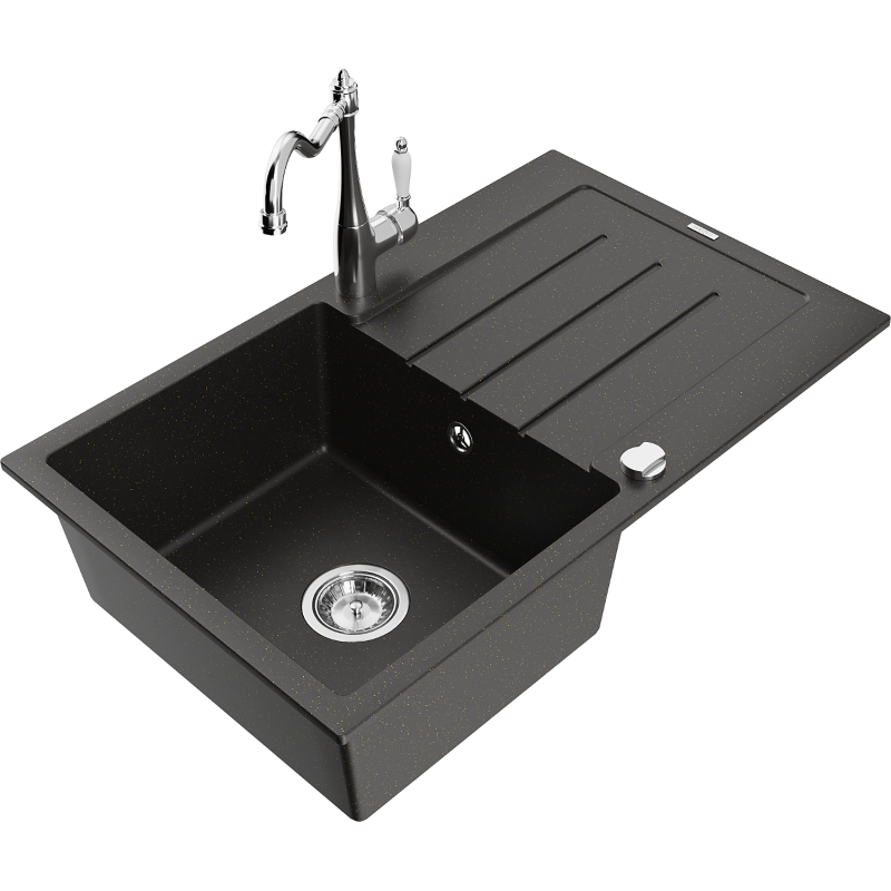 Mexen Bruno 1-bowl granite sink with drainer and Carla kitchen tap, black/gold metallic - 6513-75-670700-00