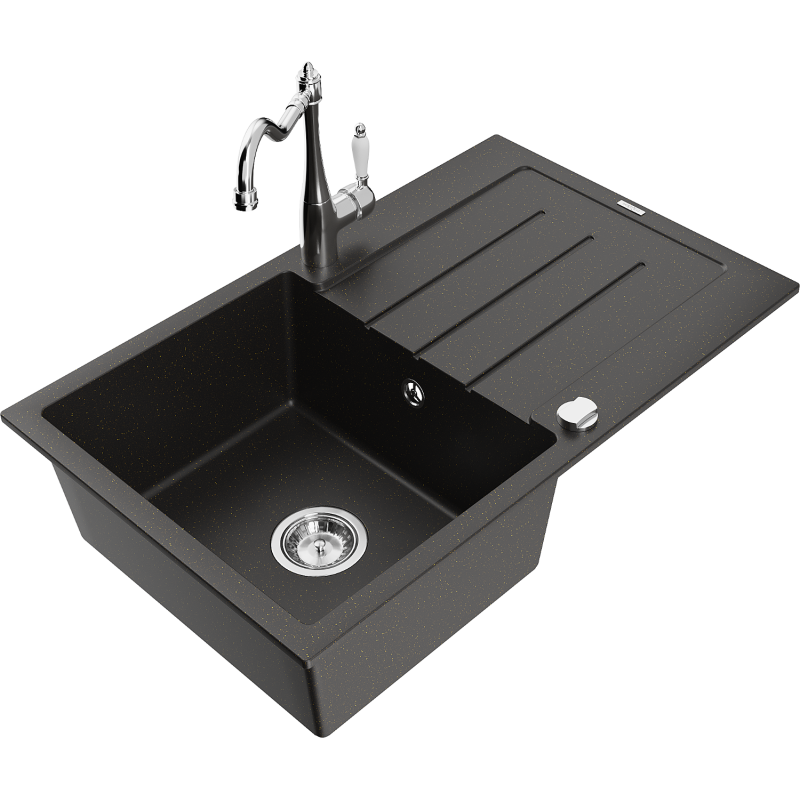 Mexen Bruno fregadero de granito de 1 cubeta con escurridor y grifo de cocina Carla, negro/dorado metálico - 6513-75-670700-00