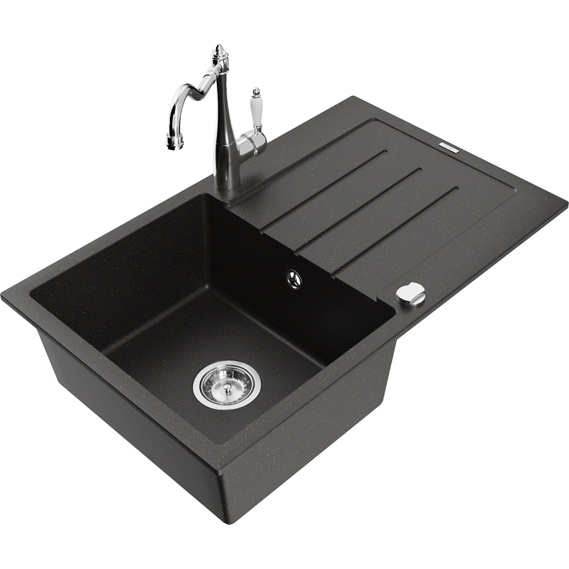 Mexen Bruno lava-loiça de granito de 1 cuba com escorredor e torneira de cozinha Carla, preto/dourado metálico