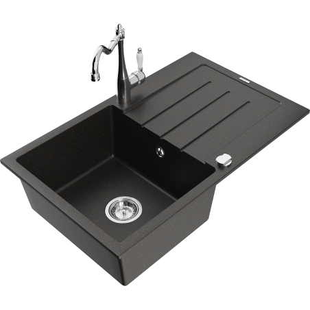Mexen Bruno 1-bowl granite sink with drainer and Carla kitchen faucet, black/golden metallic - 6513-75-670700-00