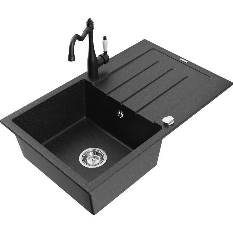 Mexen Bruno Granitspüle 1-Kammer mit Abtropffläche und Küchenarmatur Carla, Schwarz/Silber Metallic - 6513-73-670700-70