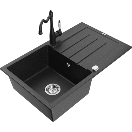 Mexen Bruno Granitspüle 1-Kammer mit Abtropffläche und Küchenarmatur Carla, Schwarz/Silber Metallic - 6513-73-670700-70