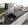 Mexen Bruno granit gootsteen met 1 kom en afdruiprek en keukenkraan Carla, zwart/gouden metallic - 6513-75-670700-50