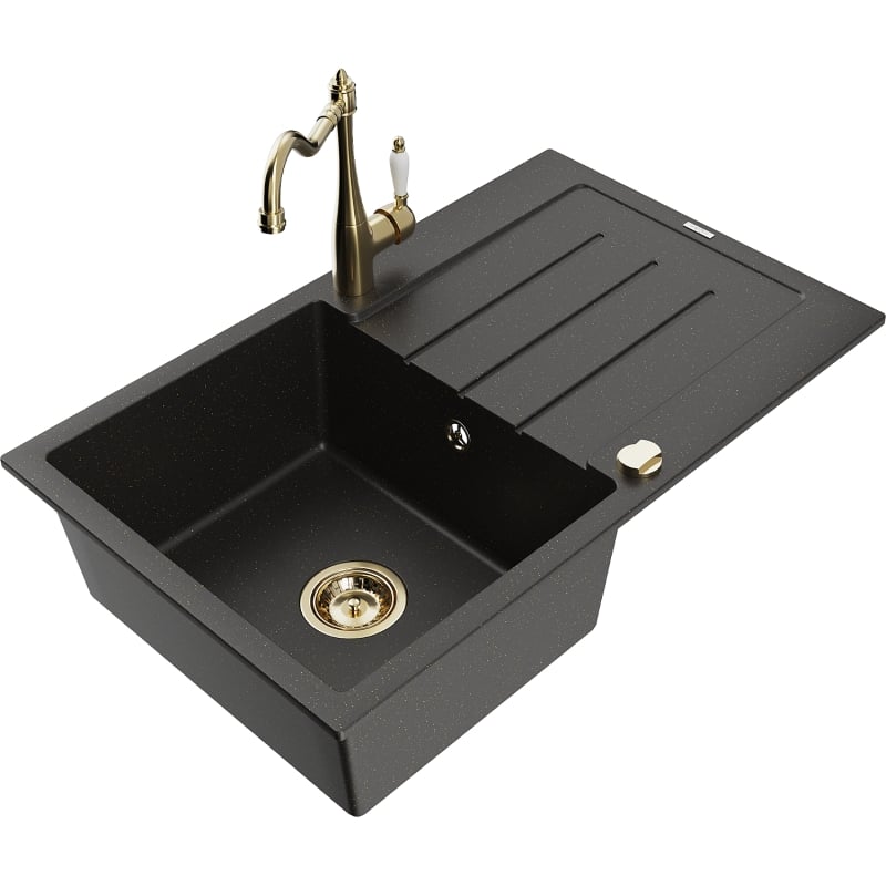 Mexen Bruno granit gootsteen met 1 kom en afdruiprek en keukenkraan Carla, zwart/gouden metallic - 6513-75-670700-50