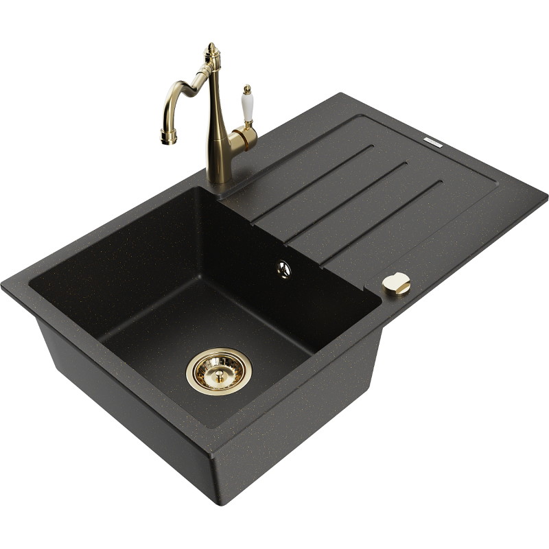 Mexen Bruno granitische enkele spoelbak met afdruiprek en keukenkraan Carla, zwart/goud metallic - 6513-75-670700-50