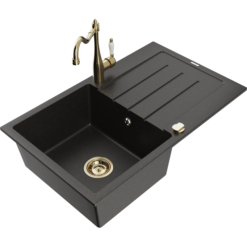 Mexen Bruno grants izlietne ar vienu nodalījumu un ar noteci un virtuves jaucējkrānu Carla, melns/zeltains metālisks