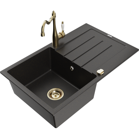Mexen Bruno granit gootsteen met 1 kom en afdruiprek en keukenkraan Carla, zwart/gouden metallic - 6513-75-670700-50