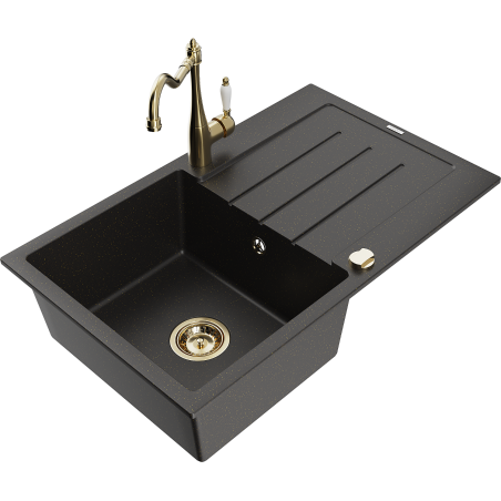 Mexen Bruno granitische enkele spoelbak met afdruiprek en keukenkraan Carla, zwart/goud metallic - 6513-75-670700-50