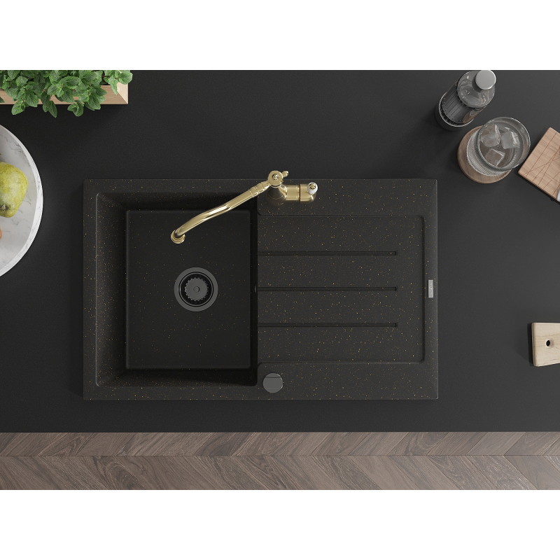 Mexen Bruno évier en granit à 1 bac avec égouttoir et robinet de cuisine Carla, noir/doré métallique - 6513-75-670700-50-B