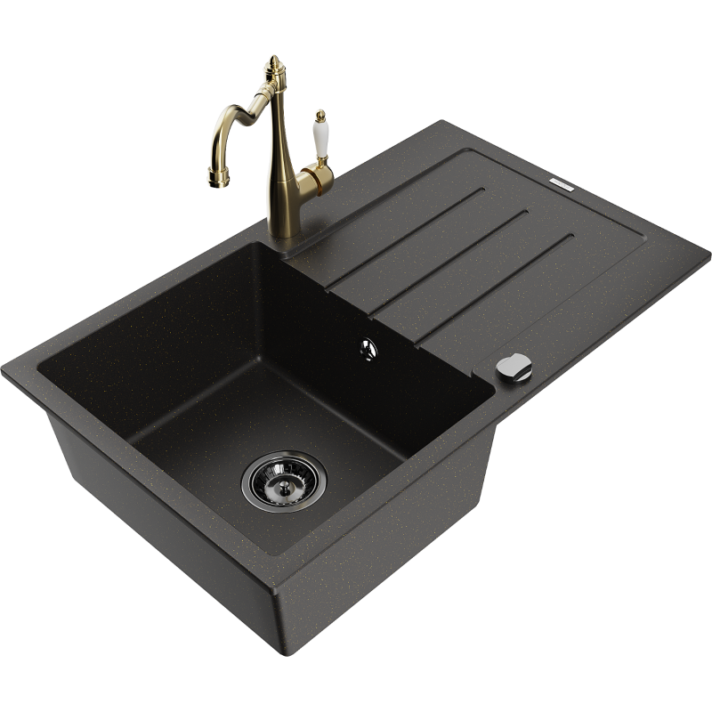 Mexen Bruno fregadero de granito de 1 seno con escurridor y grifo de cocina Carla, negro/dorado metálico - 6513-75-670700-50-B