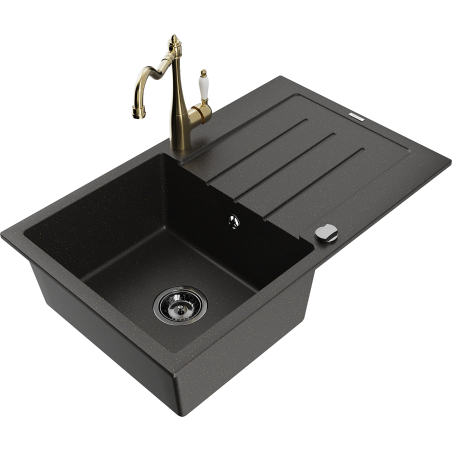 Mexen Bruno granite kitchen sink 1-bowl with drainer and kitchen faucet Carla, black/golden metallic - 6513-75-670700-50-B