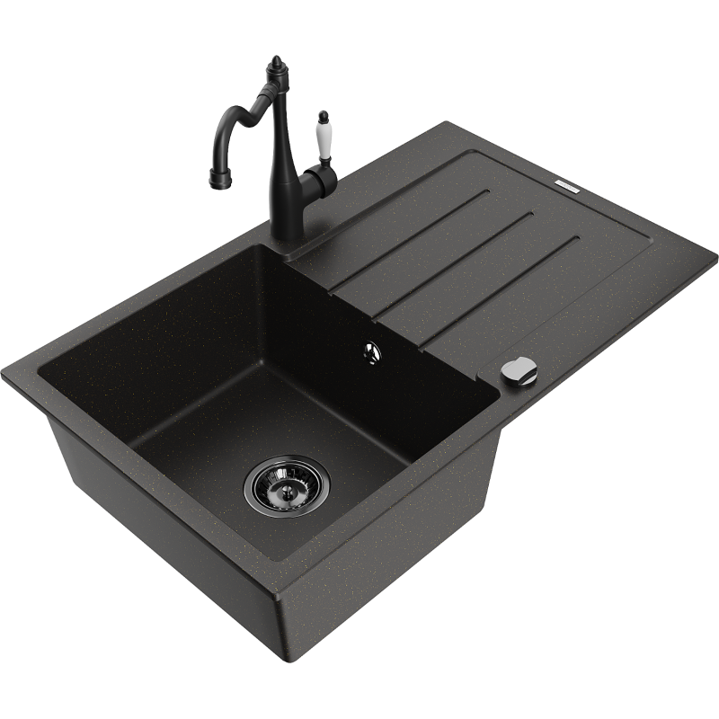 Mexen Bruno fregadero de granito de 1 seno con escurridor y grifo de cocina Carla, negro/dorado metálico - 6513-75-670700-70-B