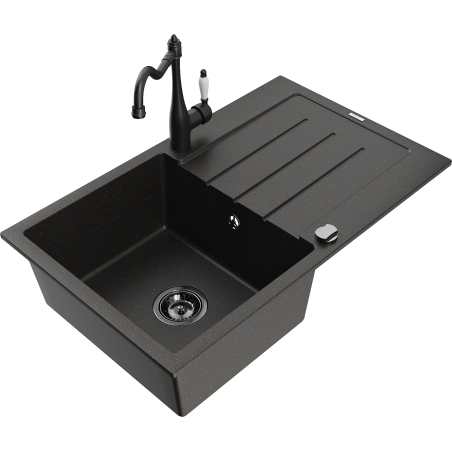 Mexen Bruno 1-bowl granite sink with drainer and kitchen faucet Carla, black/gold metallic - 6513-75-670700-70-B