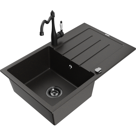 Mexen Bruno granite sink 1-bowl with drainer and Carla kitchen tap, black/gold metallic - 6513-75-670700-70-B