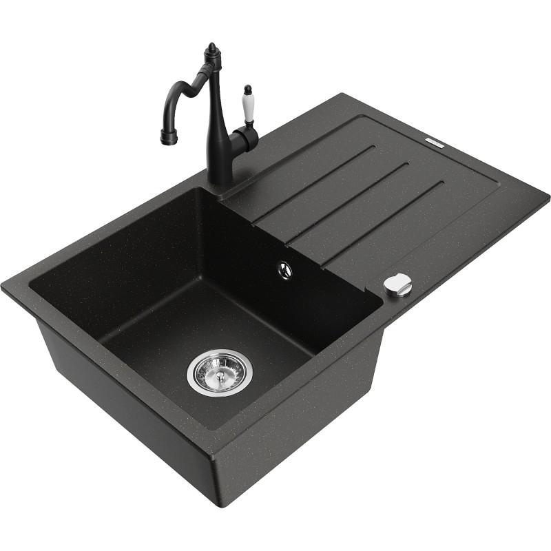 Mexen Bruno fregadero de cocina de granito de 1 seno con escurridor y grifo Carla, negro/oro metálico - 6513-75-670700-70