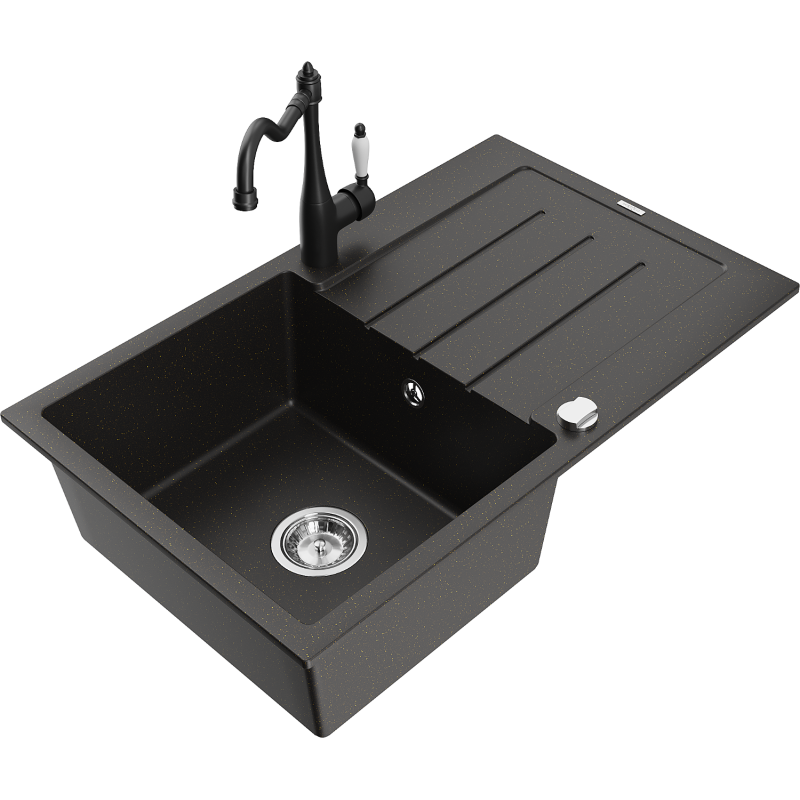 Mexen Bruno granite sink 1-bowl with drainer and Carla kitchen tap, black/gold metallic - 6513-75-670700-70