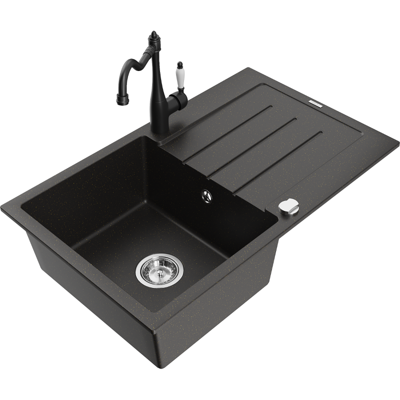 Mexen Bruno lava-louça de granito de 1 cuba com escorredor e torneira de cozinha Carla, preto/dourado metálico