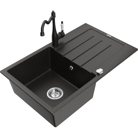 Mexen Bruno granīta izlietne ar vienu nodalījumu, notecinātāju un virtuves jaucējkrānu Carla, melna/zeltaina metāliska