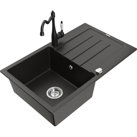 Mexen Bruno granite sink 1-bowl with drainer and Carla kitchen tap, black/gold metallic - 6513-75-670700-70
