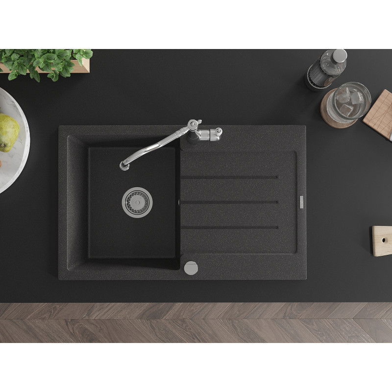 Mexen Bruno granite sink 1-bowl with drainer and Carla kitchen tap, speckled black - 6513-76-670700-00