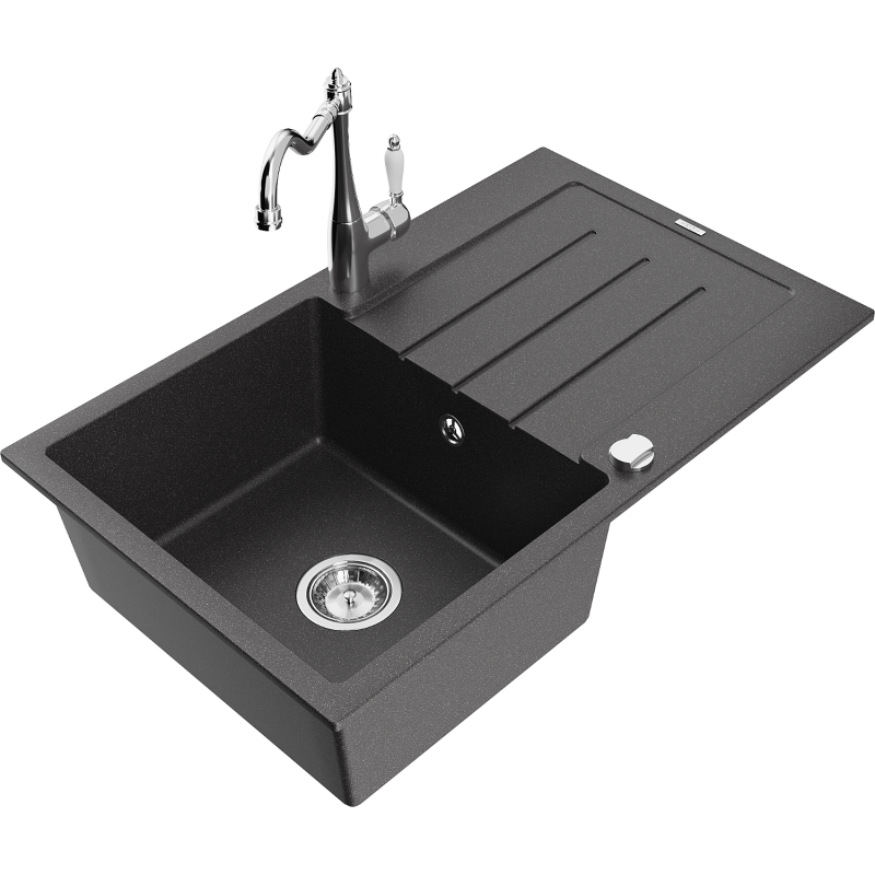 Mexen Bruno granitdiskbänk med 1 fack och avrinning samt köksblandare Carla, svart spräcklig - 6513-76-670700-00
