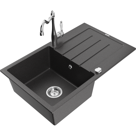 Mexen Bruno granite sink 1-bowl with drainer and Carla kitchen tap, speckled black - 6513-76-670700-00