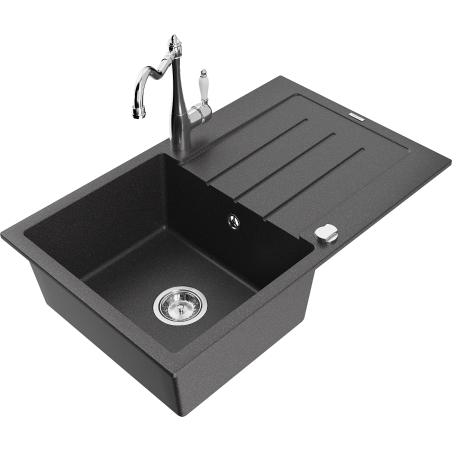 Mexen Bruno lavello in granito a 1 vasca con scolapiatti e rubinetto da cucina Carla, nero maculato - 6513-76-670700-00
