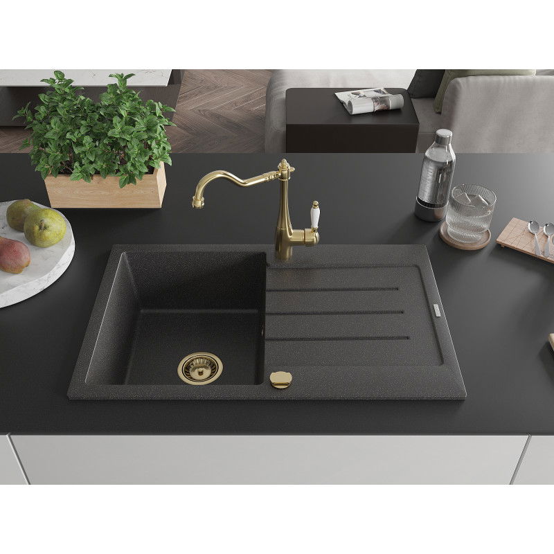 Mexen Bruno granite sink 1-bowl with drainer and Carla kitchen tap, speckled black - 6513-76-670700-50