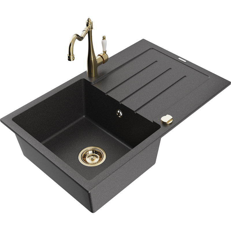 Mexen Bruno fregadero de granito 1-cubeta con escurridor y grifo de cocina Carla, negro moteado - 6513-76-670700-50