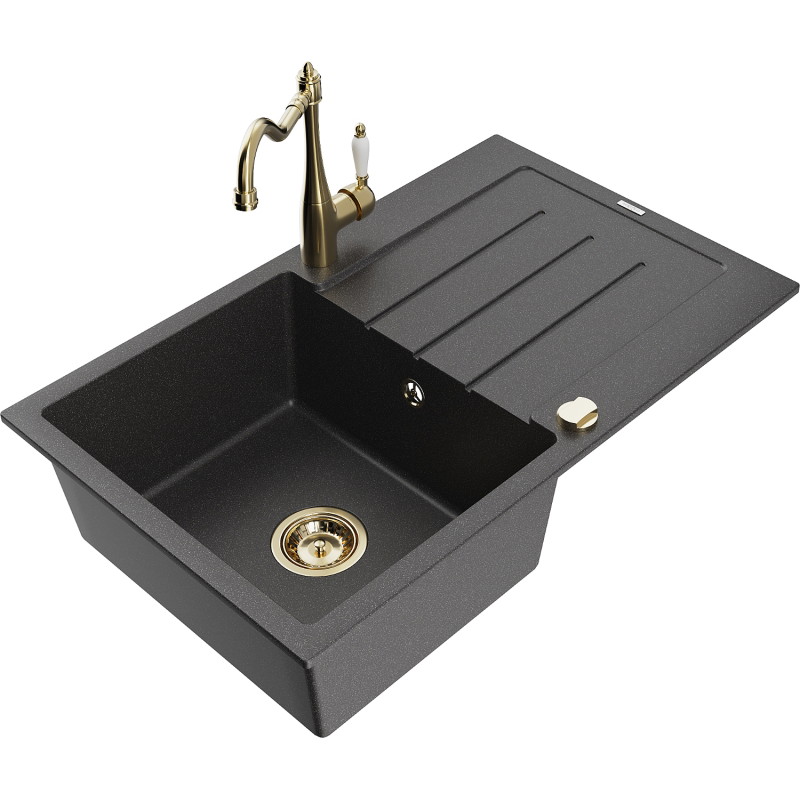 Mexen Bruno fregadero de granito de 1 seno con escurridor y grifo de cocina Carla, negro moteado - 6513-76-670700-50