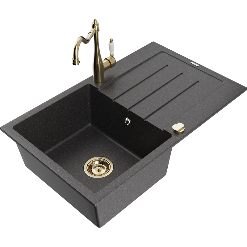 Mexen Bruno granite sink 1-bowl with drainer and Carla kitchen tap, speckled black - 6513-76-670700-50