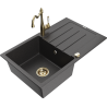 Mexen Bruno évier en granit 1 bac avec égouttoir et robinet de cuisine Carla, noir moucheté - 6513-76-670700-50