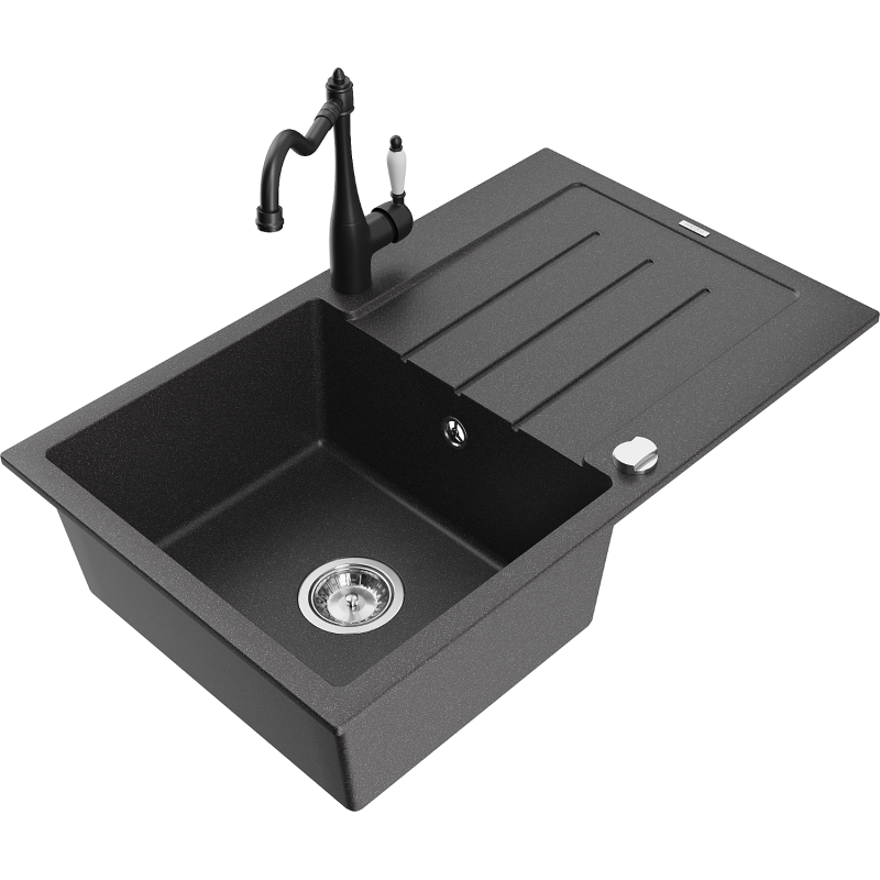 Mexen Bruno fregadero de granito de 1 cubeta con escurridor y grifo de cocina Carla, negro moteado - 6513-76-670700-70
