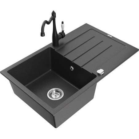 Mexen Bruno fregadero de granito de 1 cubeta con escurridor y grifo de cocina Carla, negro moteado - 6513-76-670700-70