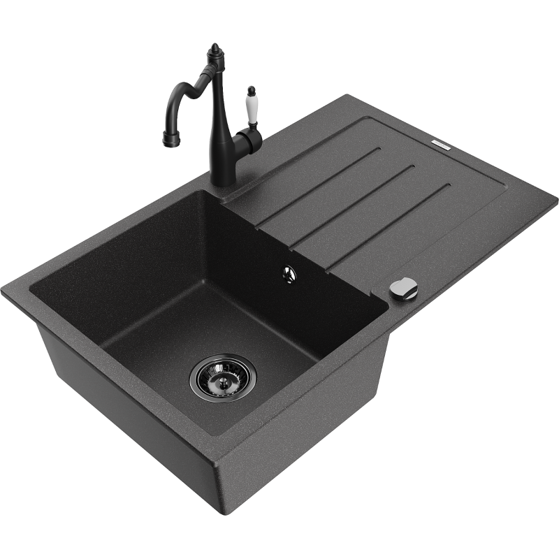Mexen Bruno fregadero de granito de 1 seno con escurridor y grifo de cocina Carla, negro moteado - 6513-76-670700-70-B