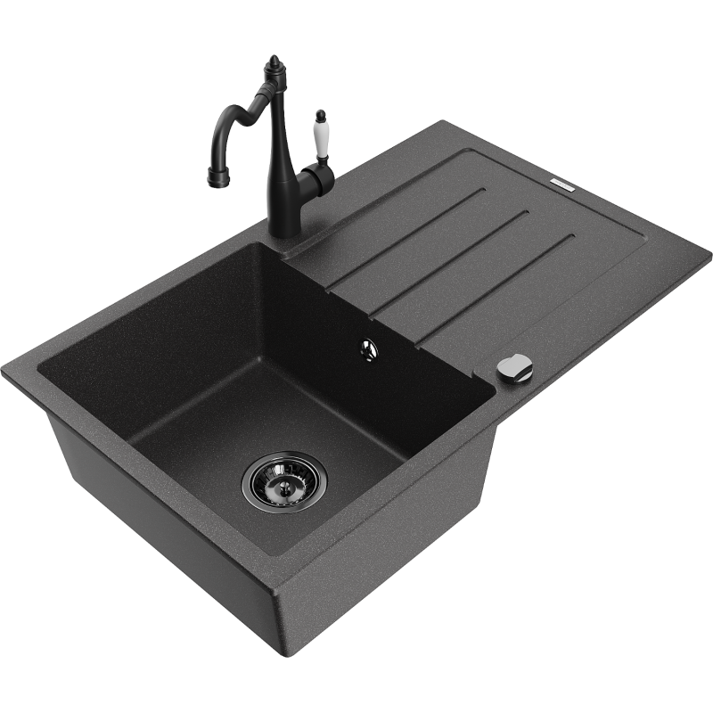 Mexen Bruno granieten spoelbak 1-komor met afdruiprek en keukenmengkraan Carla, zwart gespikkeld - 6513-76-670700-70-B