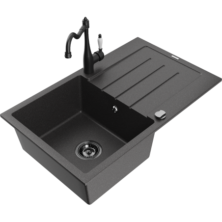 Mexen Bruno granieten spoelbak 1-komor met afdruiprek en keukenmengkraan Carla, zwart gespikkeld - 6513-76-670700-70-B