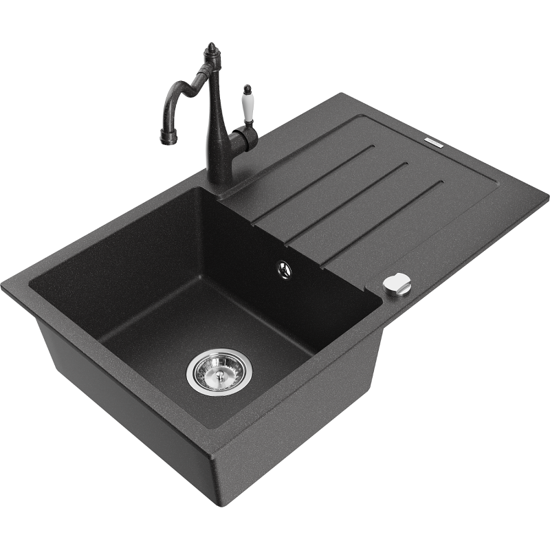 Mexen Bruno fregadero de granito de 1 seno con escurridor y grifo de cocina Carla, negro moteado - 6513-76-670700-76