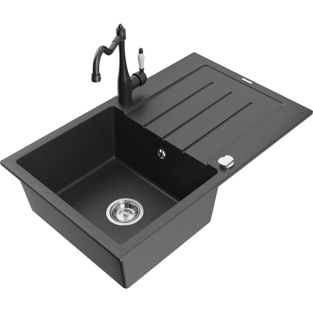 Mexen Bruno fregadero de granito de 1 seno con escurridor y grifo de cocina Carla, negro moteado - 6513-76-670700-76