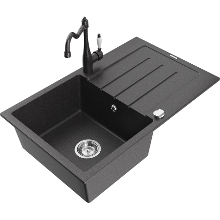 Mexen Bruno granitizlietne ar vienu nodalījumu ar noteku un virtuves krānu Carla, melna ar raibumiem - 6513-76-670700-76