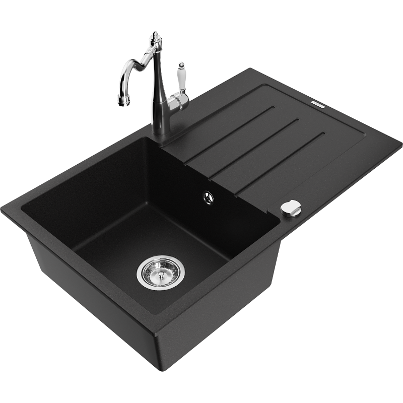 Mexen Bruno granite sink 1-bowl with drainer and Carla kitchen tap, black - 6513-77-670700-00