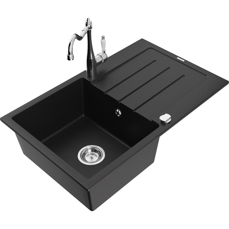 Mexen Bruno granitīgs viena nodalījuma izlietne ar izliešanas virsmu un virtuves jaucējkrānu Carla, melns - 6513-77-670700-00