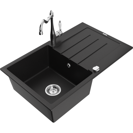 Mexen Bruno granite sink 1-bowl with drainer and Carla kitchen tap, black - 6513-77-670700-00