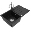Mexen Bruno granite sink 1-bowl with drainer and Carla kitchen tap, black - 6513-77-670700-00