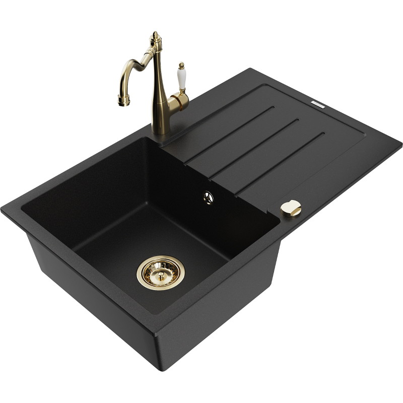 Mexen Bruno fregadero de granito de 1 cubeta con escurridor y grifo de cocina Carla, negro - 6513-77-670700-50