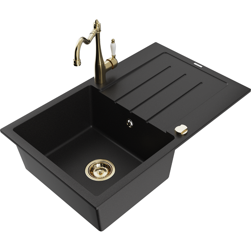 Mexen Bruno fregadero de granito de 1 seno con escurridor y grifo de cocina Carla, negro - 6513-77-670700-50