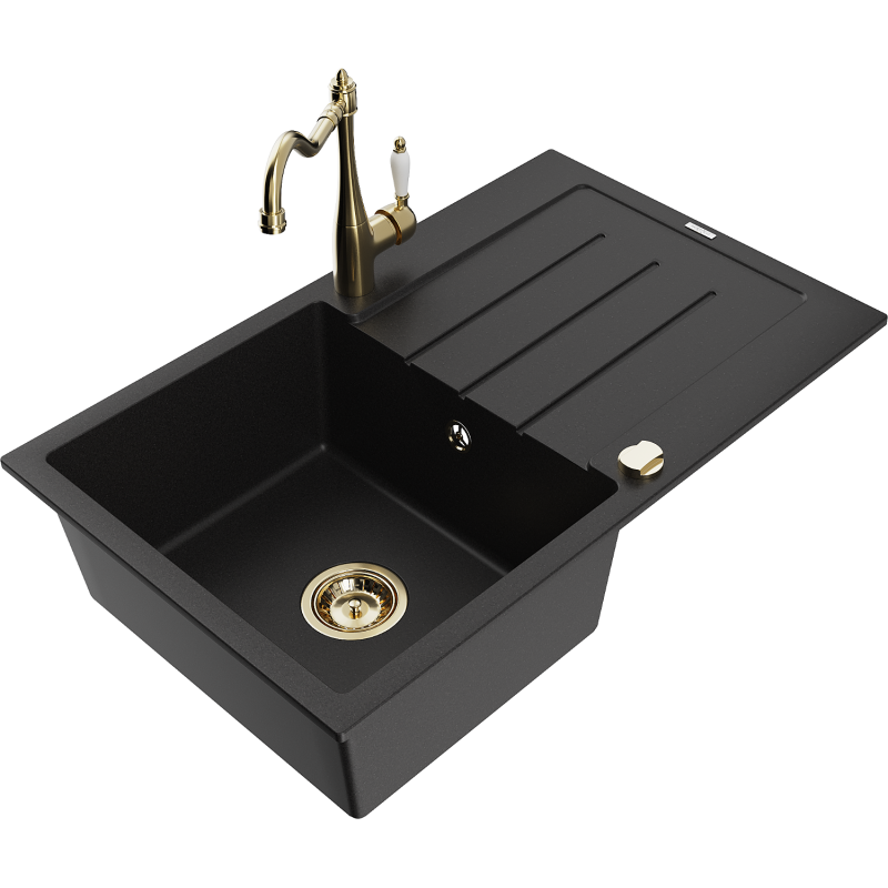 Mexen Bruno Granit-Spullsteen mat enger Schoss an enger Kichenbatterie Carla, schwaarz - 6513-77-670700-50