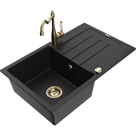 Mexen Bruno lava-loiça de granito de 1 bacia com escorredor e torneira de cozinha Carla, preto - 6513-77-670700-50