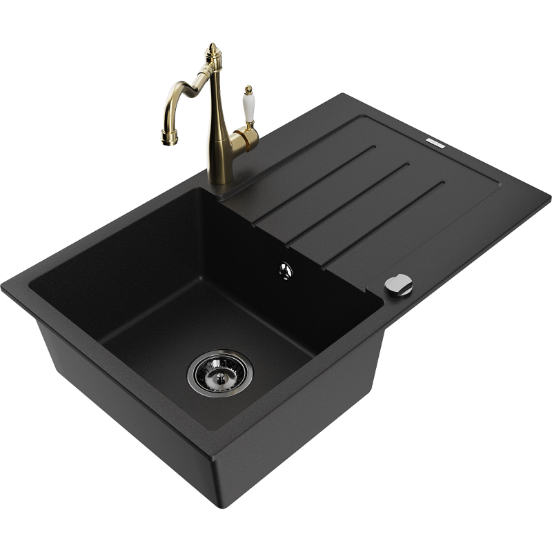 Mexen Bruno 1-bowl granite sink with drainer and Carla kitchen tap, black - 6513-77-670700-50-B